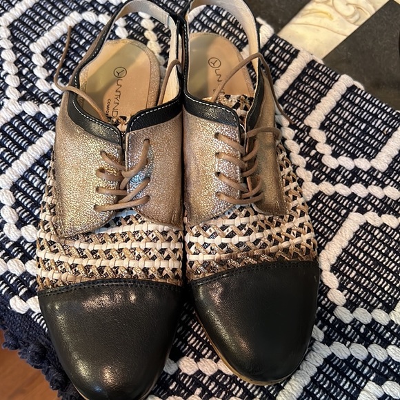 Unity In Diversity Oxford Black Gold Metallic Open Back Flats New - Picture 5 of 9